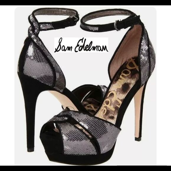 𝅺SAM Edelman PAISLEY Sequin Ankle Strap Platform Gray silver Size 8 - Picture 1 of 14